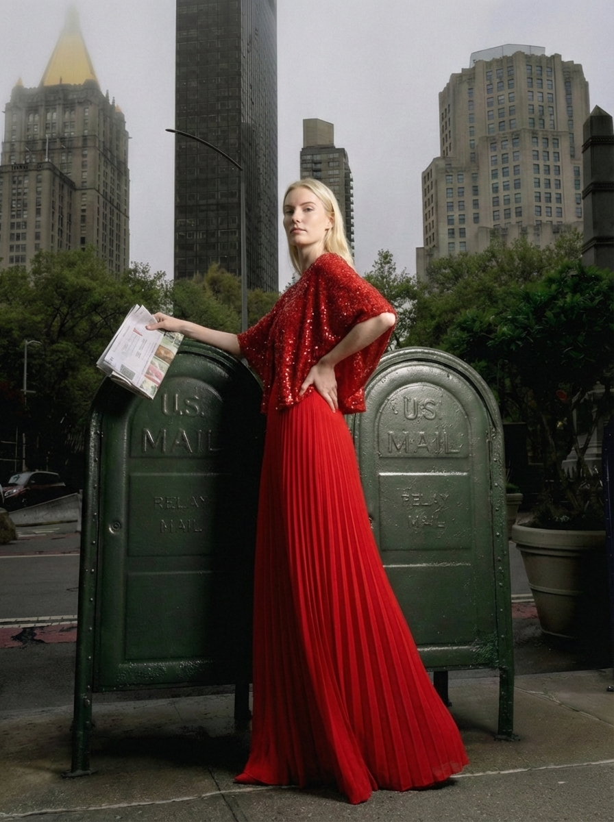 Side view of Viva red sequin pleated maxi evening dress with cape detail, elegant flowing skirt and refined silhouette, Limsa Club