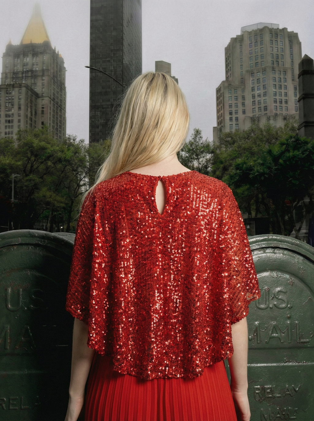 Back view of Viva red sequin maxi evening dress highlighting cape overlay and back keyhole detail, Limsa Club