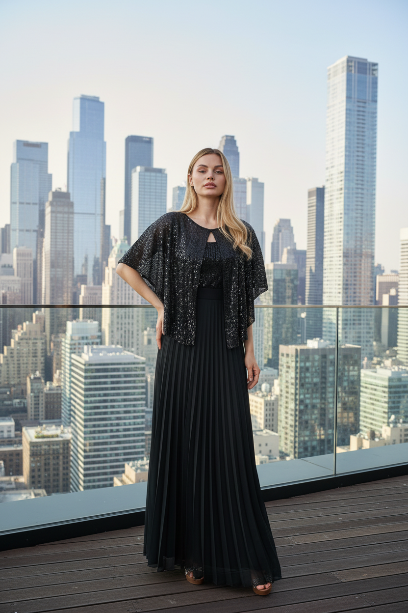 Viva black sequin pleated maxi evening dress with elegant flow and refined silhouette, Limsa Club
