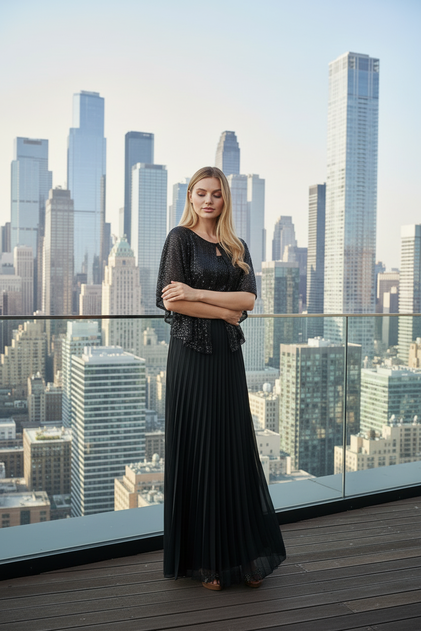 Front view of Viva black sequin pleated maxi evening dress with elegant silhouette and flowing skirt, Limsa Club