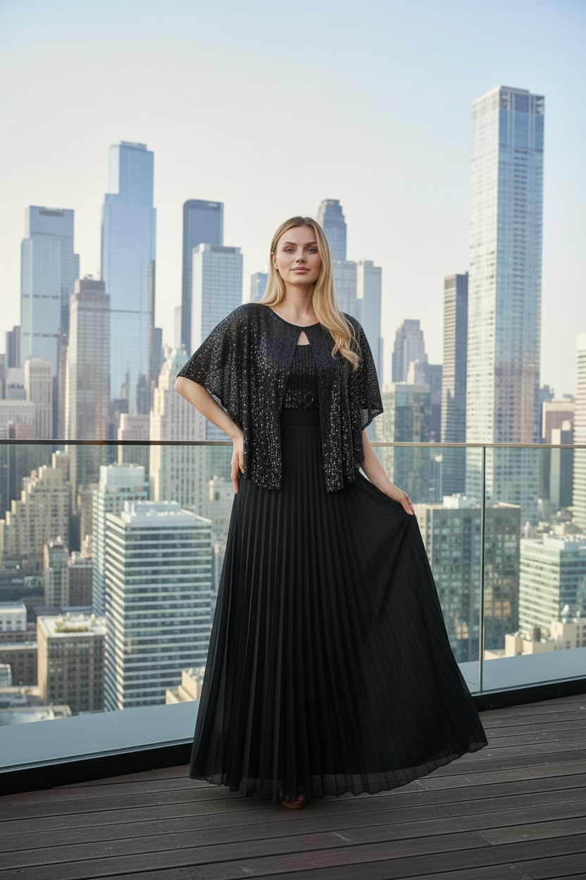 Front view of Viva black sequin pleated maxi evening dress, model holding flowing skirt to highlight elegant movement, Limsa Club