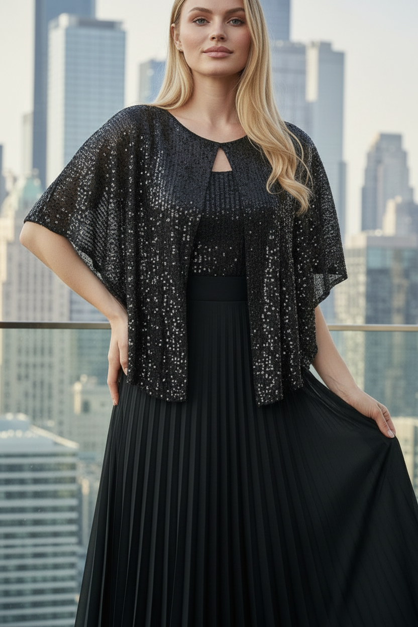 Close-up of Viva black sequin pleated maxi evening dress highlighting shimmering top and flowing pleated skirt, Limsa Club