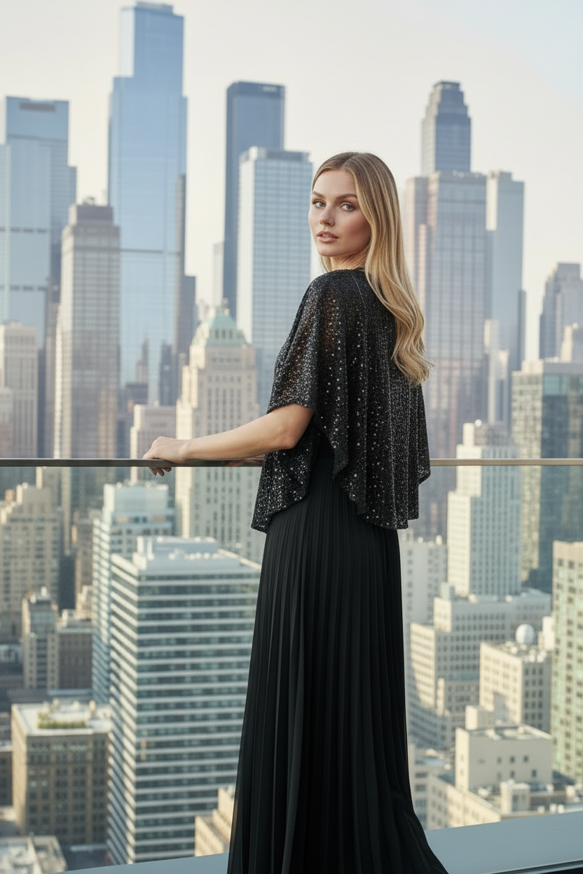 Back view of Viva black sequin pleated maxi evening dress showing elegant drape and flowing silhouette, Limsa Club