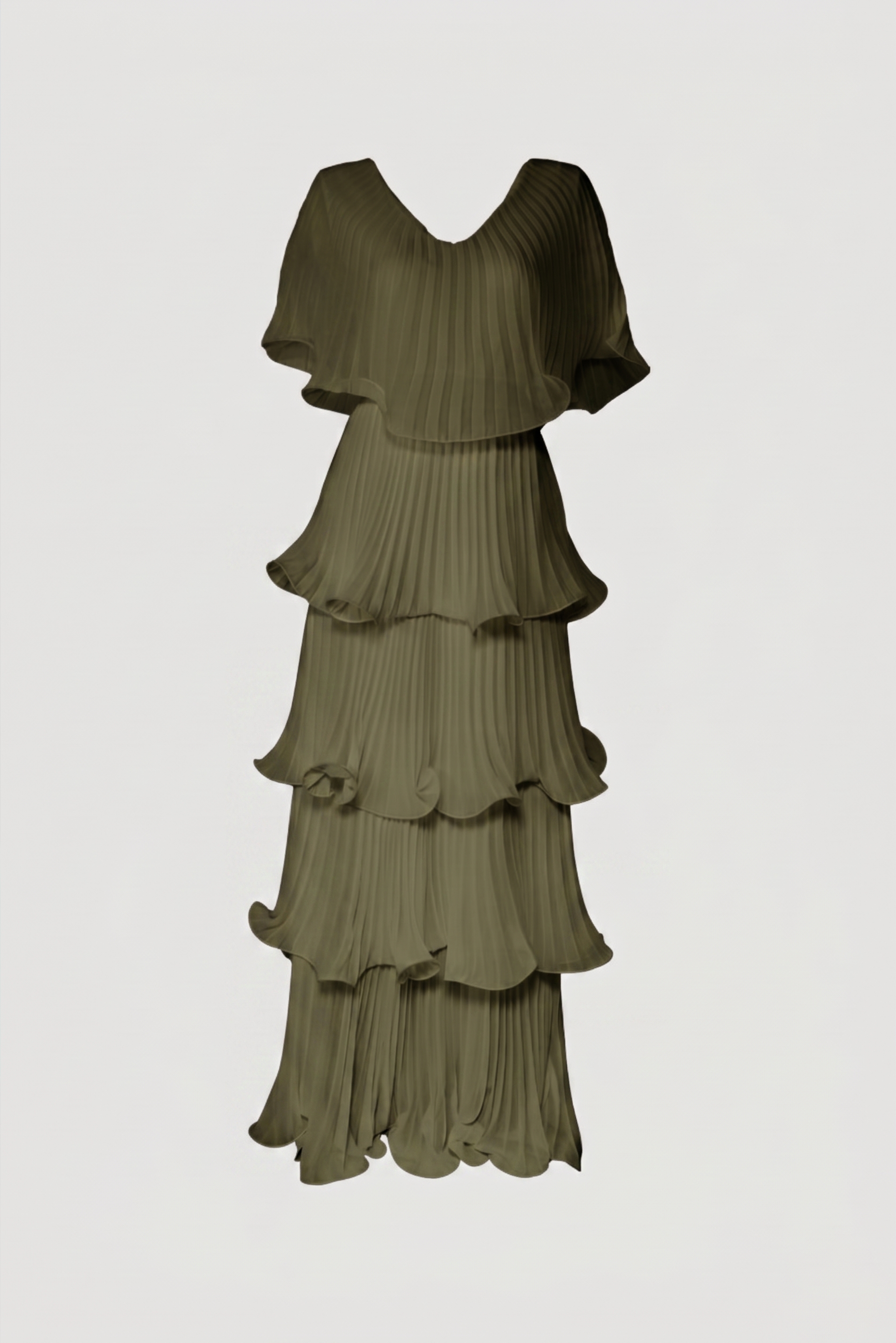 Limsa Club Astra V-Neck Pleated Evening Gown in Khaki — product still life