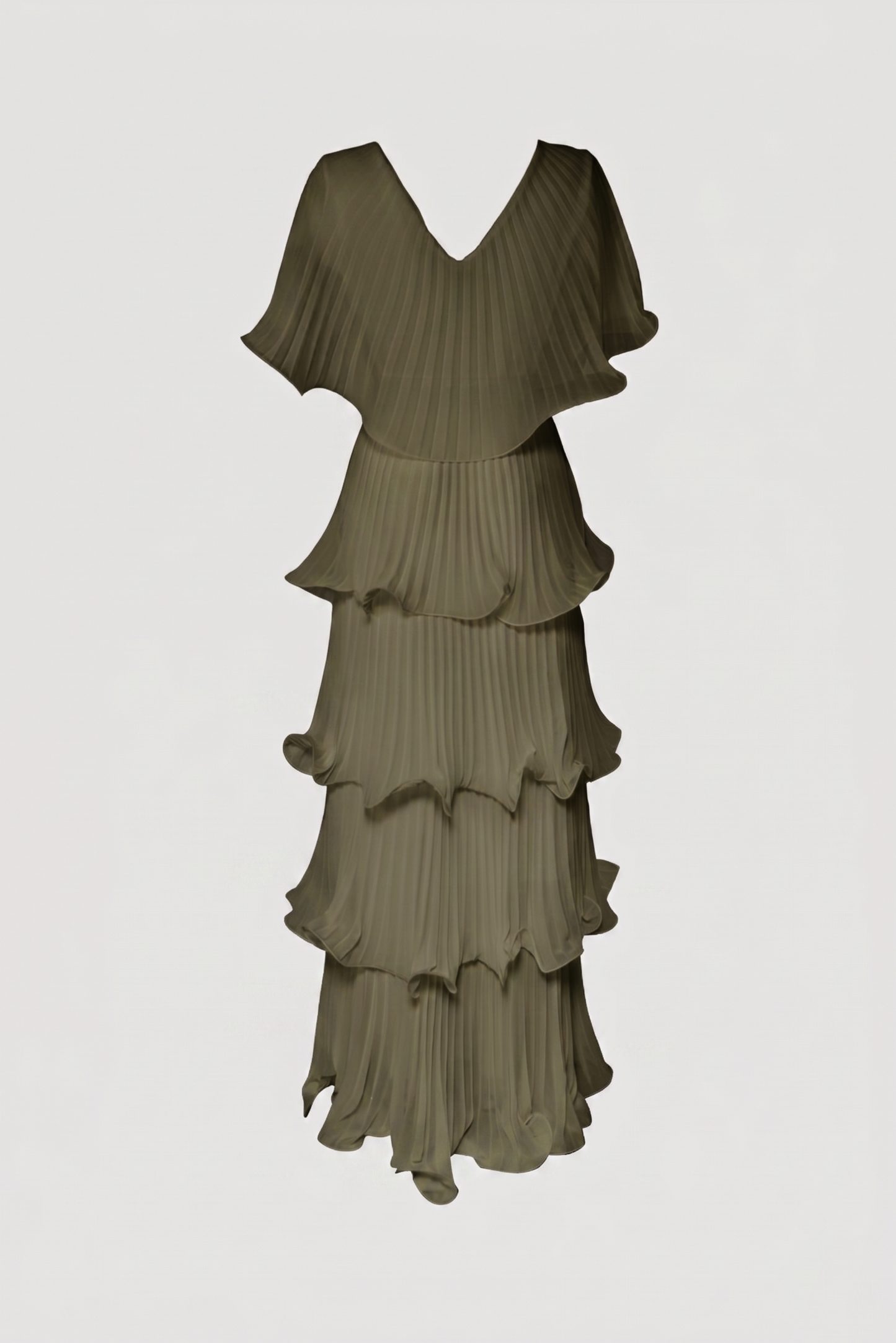 Limsa Club Astra V-Neck Pleated Evening Gown in Khaki — product still life