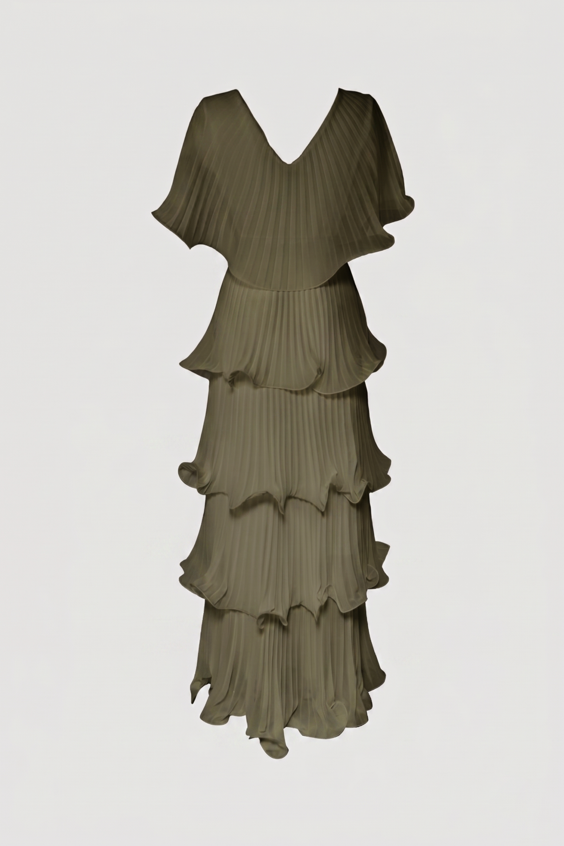Limsa Club Astra V-Neck Pleated Evening Gown in Khaki — product still life