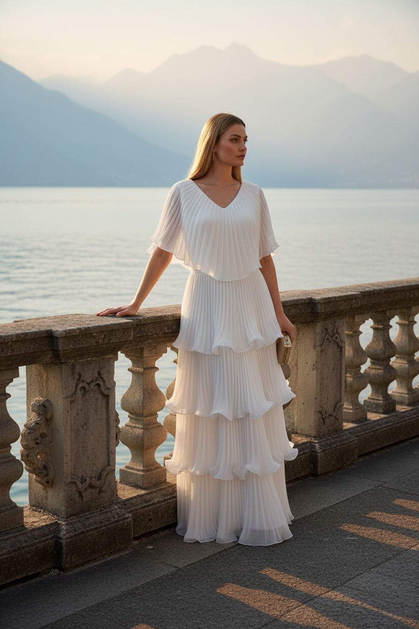 Front view of bone white Astra maxi dress with V-neckline and pleated tiers