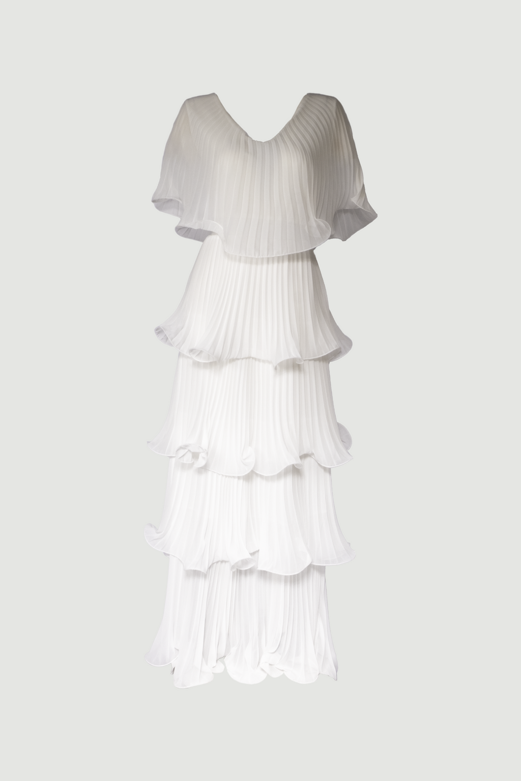 Bone white Astra dress ghost mannequin front view with V-neck and butterfly sleeves