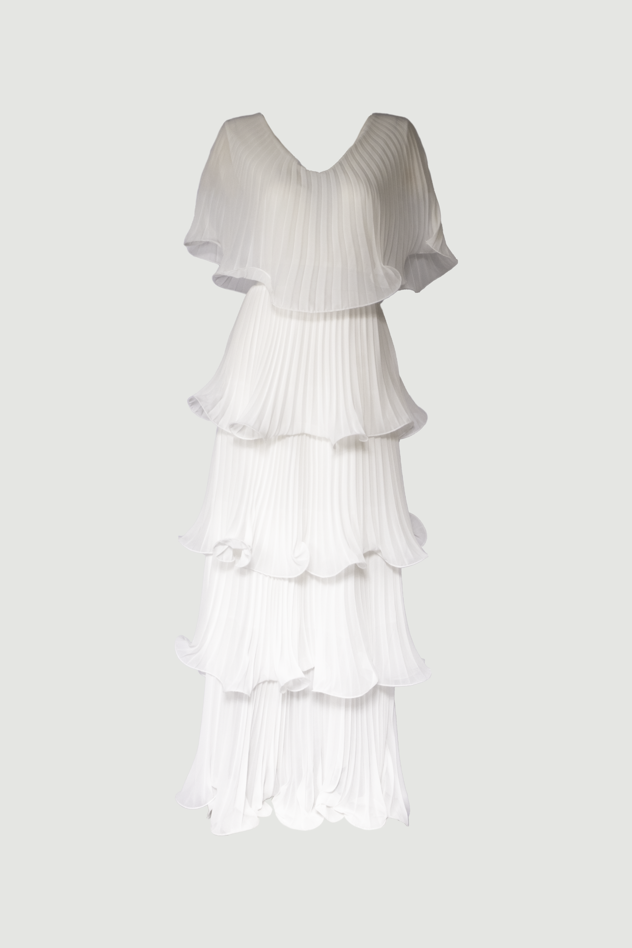 Bone white Astra dress ghost mannequin front view with V-neck and butterfly sleeves