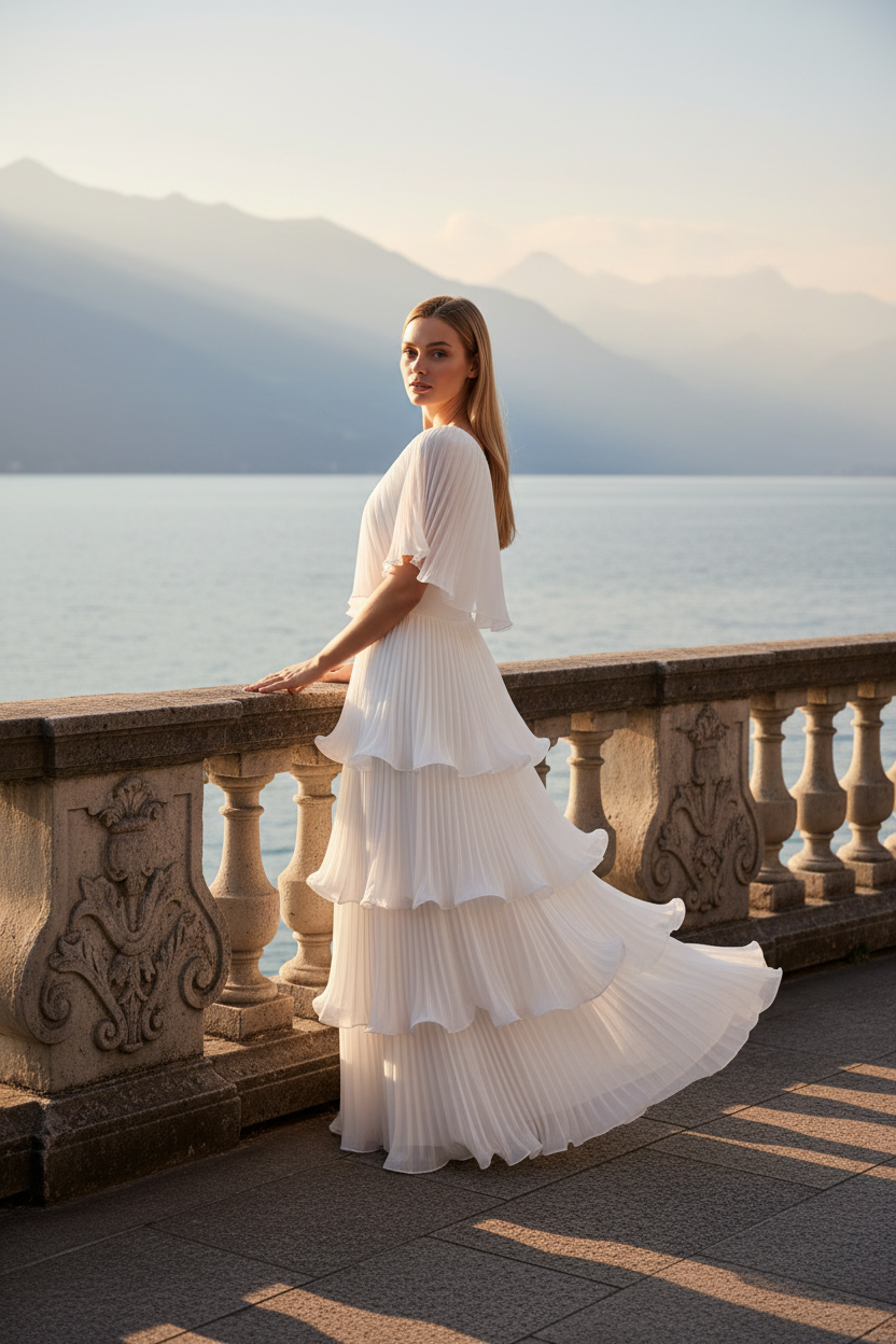 Bone white Astra evening gown side view with flowing chiffon skirt