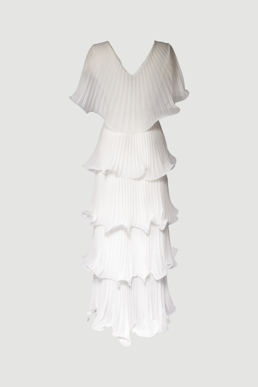 Bone white Astra evening gown ghost mannequin back view with pleated details