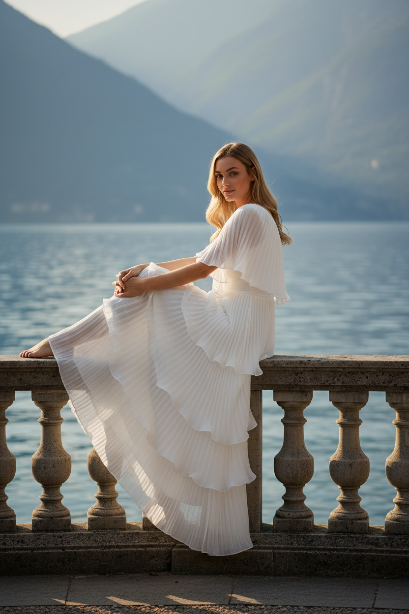 Back detail of bone white Astra evening gown with butterfly sleeve draping