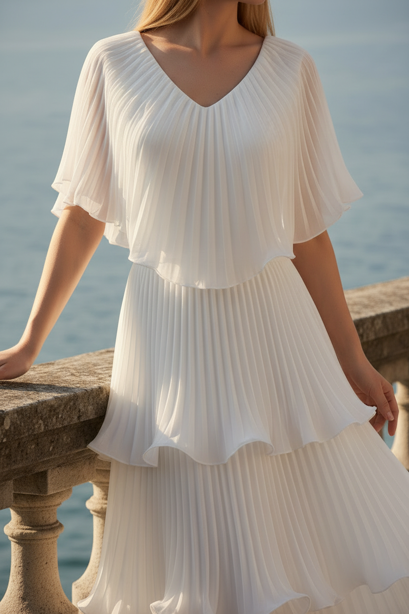 Model wearing bone white Astra dress showcasing elegant maxi length