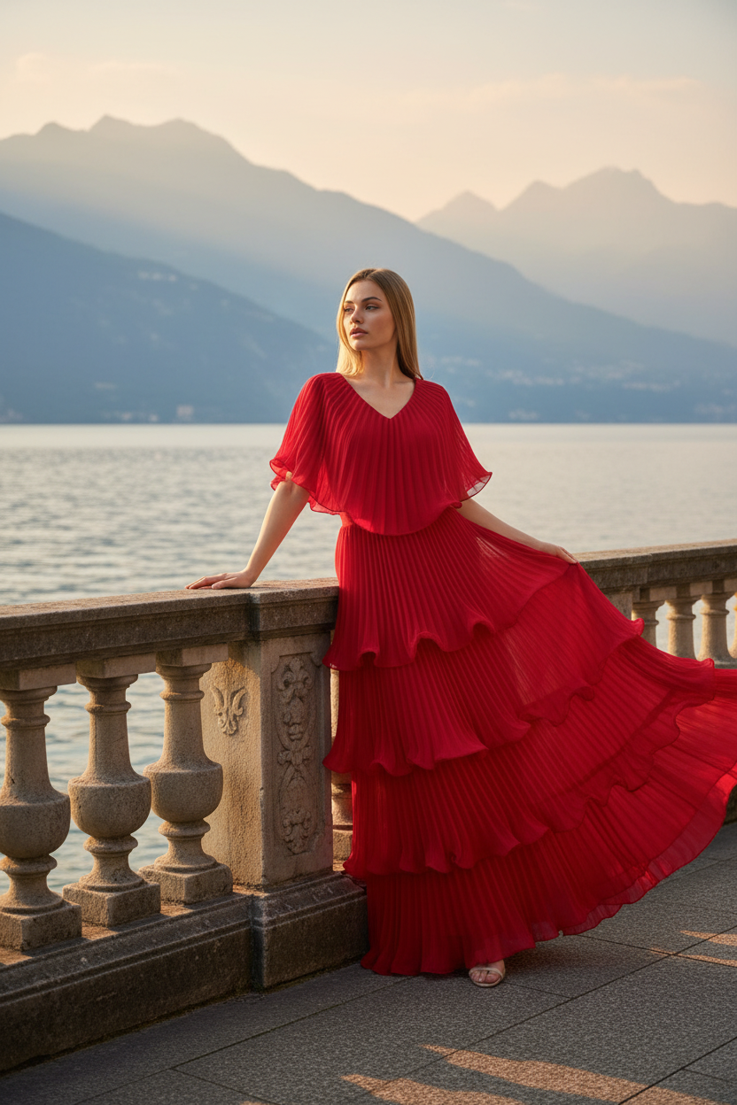 Front view of red Astra evening gown with V-neckline and A-line cut