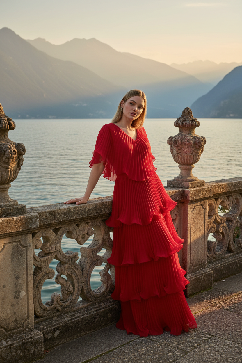 Back view of red Astra dress highlighting butterfly sleeve detail and pleated skirt