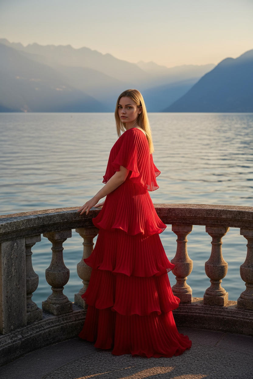 Side angle of red Astra dress showing tiered pleated chiffon layers