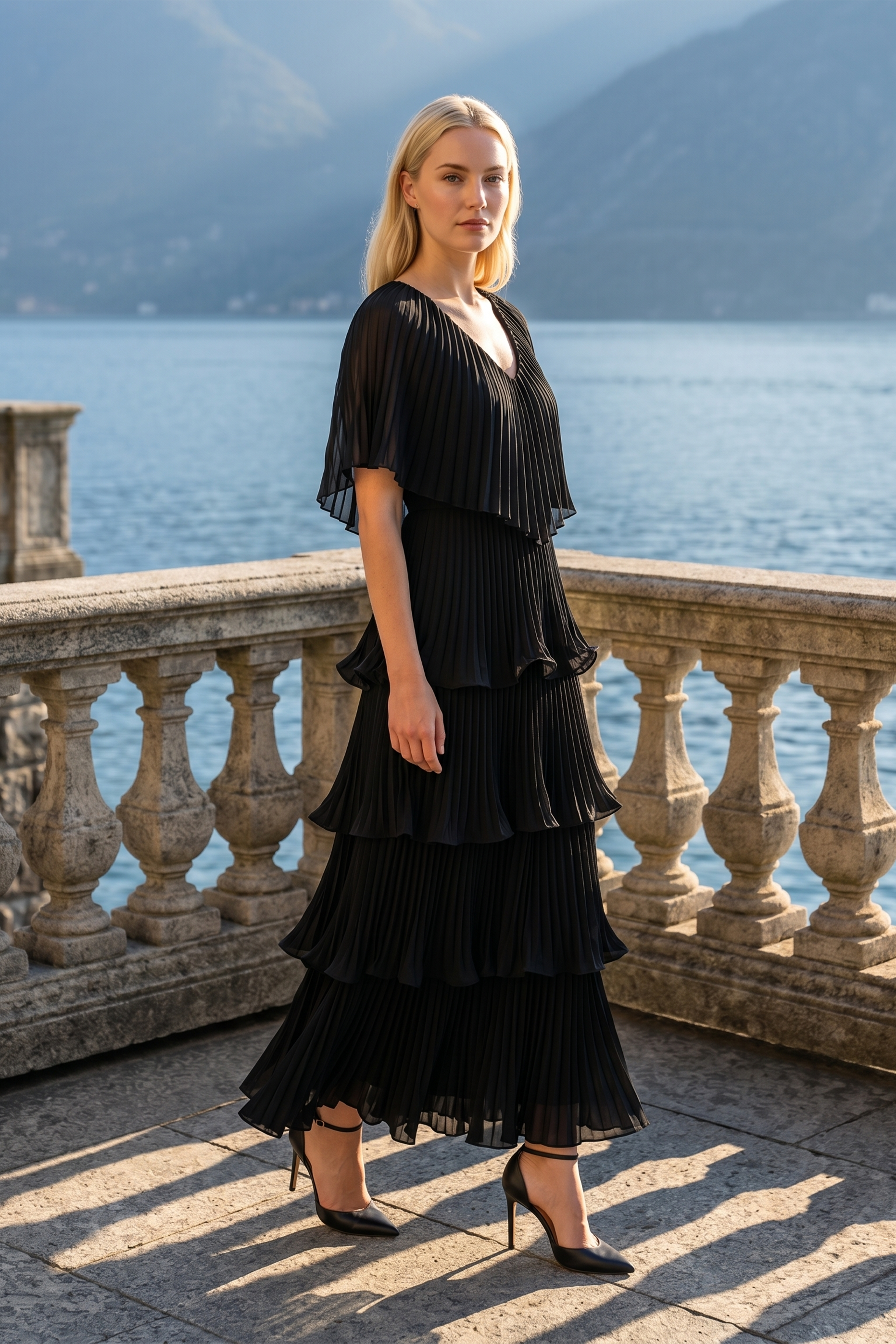 Limsa Club Astra V-Neck Pleated Evening Gown in Black — front view
