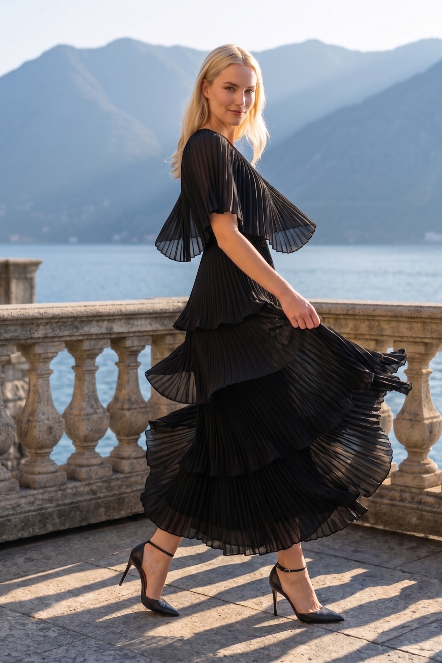 Limsa Club Astra V-Neck Pleated Evening Gown in Black — side view