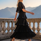 Limsa Club Astra V-Neck Pleated Evening Gown in Black — editorial view