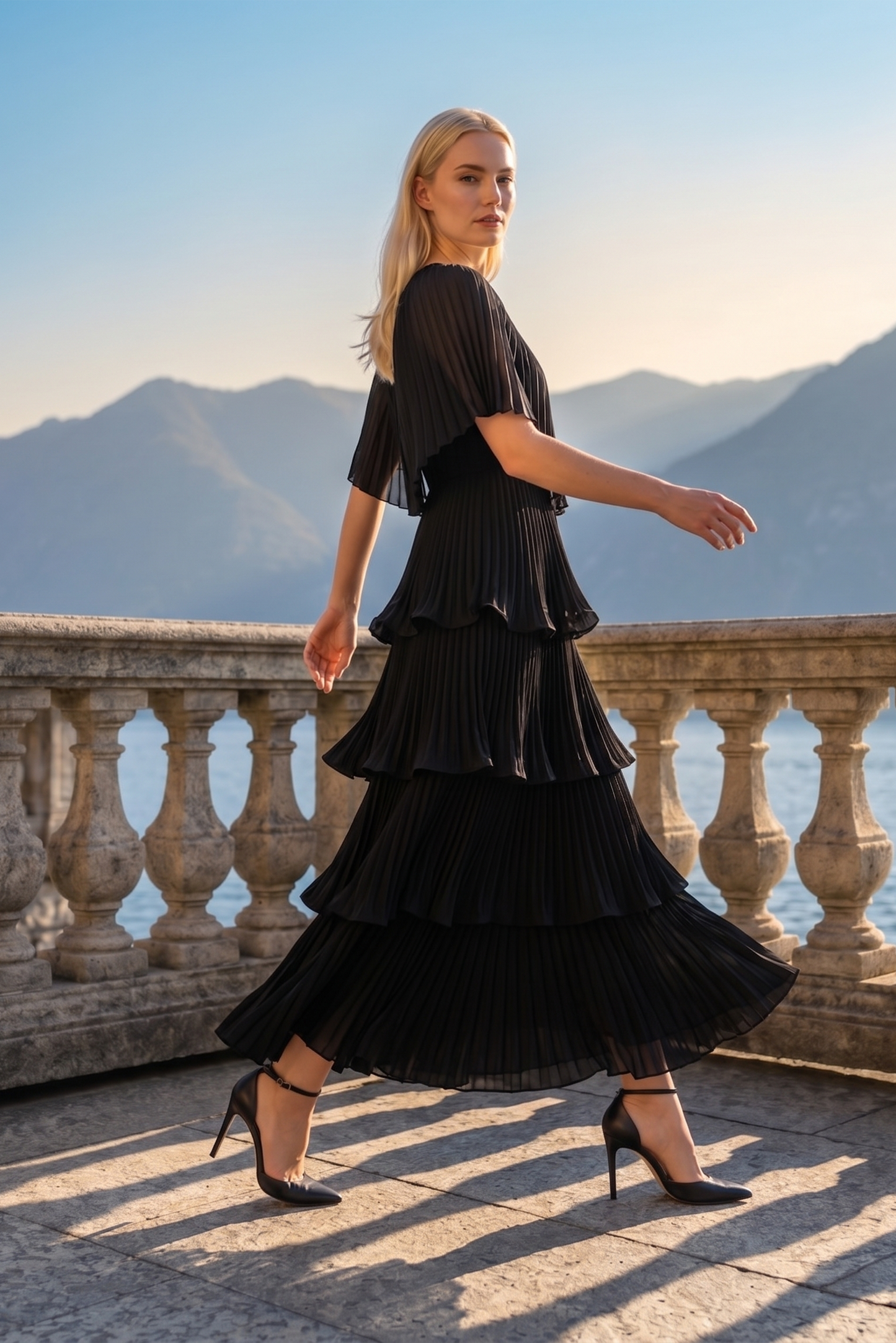 Limsa Club Astra V-Neck Pleated Evening Gown in Black — editorial view