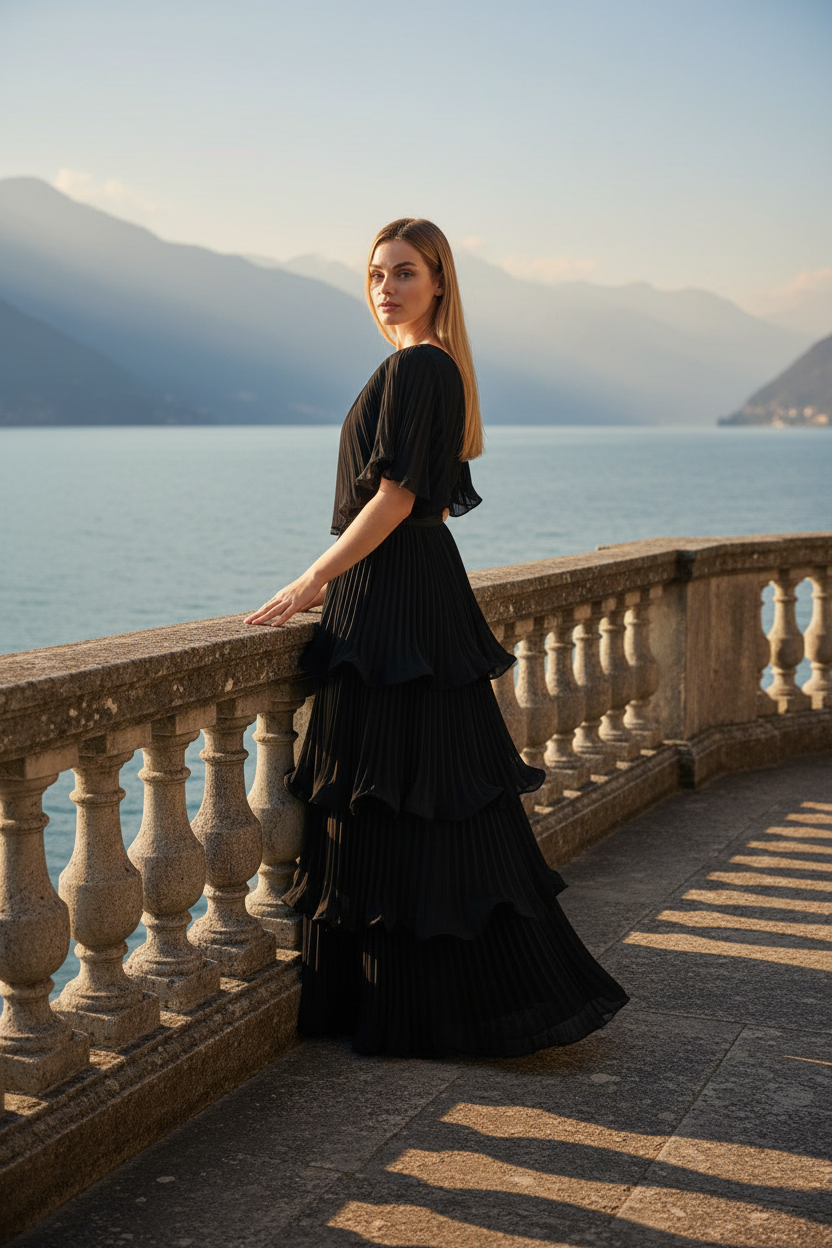 Side angle of black Astra maxi dress highlighting tiered pleated design