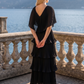 Limsa Club Astra V-Neck Pleated Evening Gown in Black — detail view