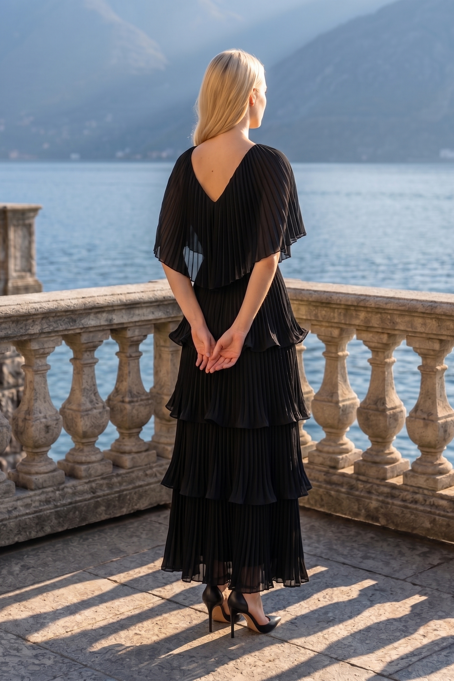 Limsa Club Astra V-Neck Pleated Evening Gown in Black — detail view