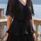 Limsa Club Astra V-Neck Pleated Evening Gown in Black — full-length view