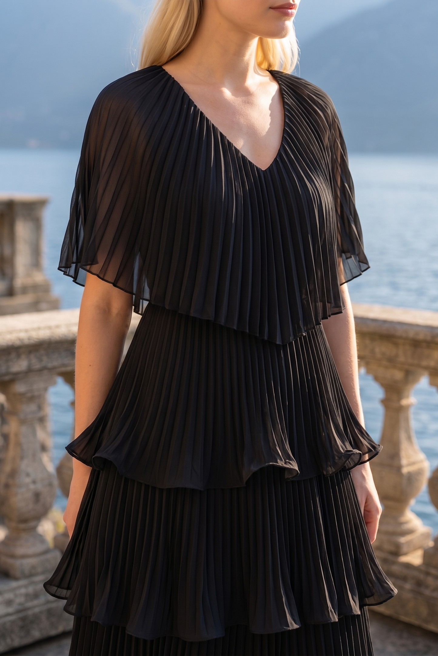 Limsa Club Astra V-Neck Pleated Evening Gown in Black — full-length view