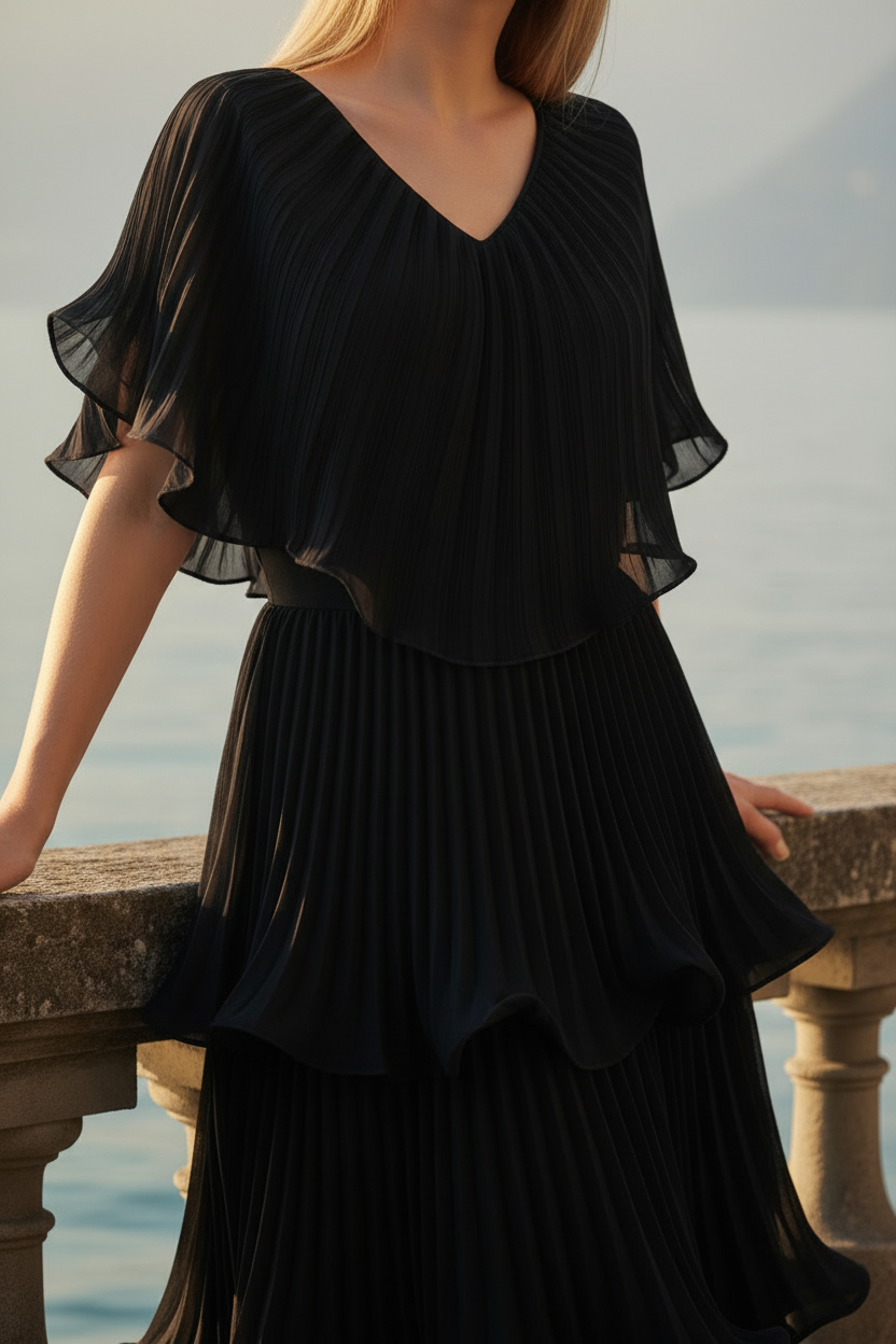 Model wearing black Astra dress showcasing romantic flowing chiffon layers