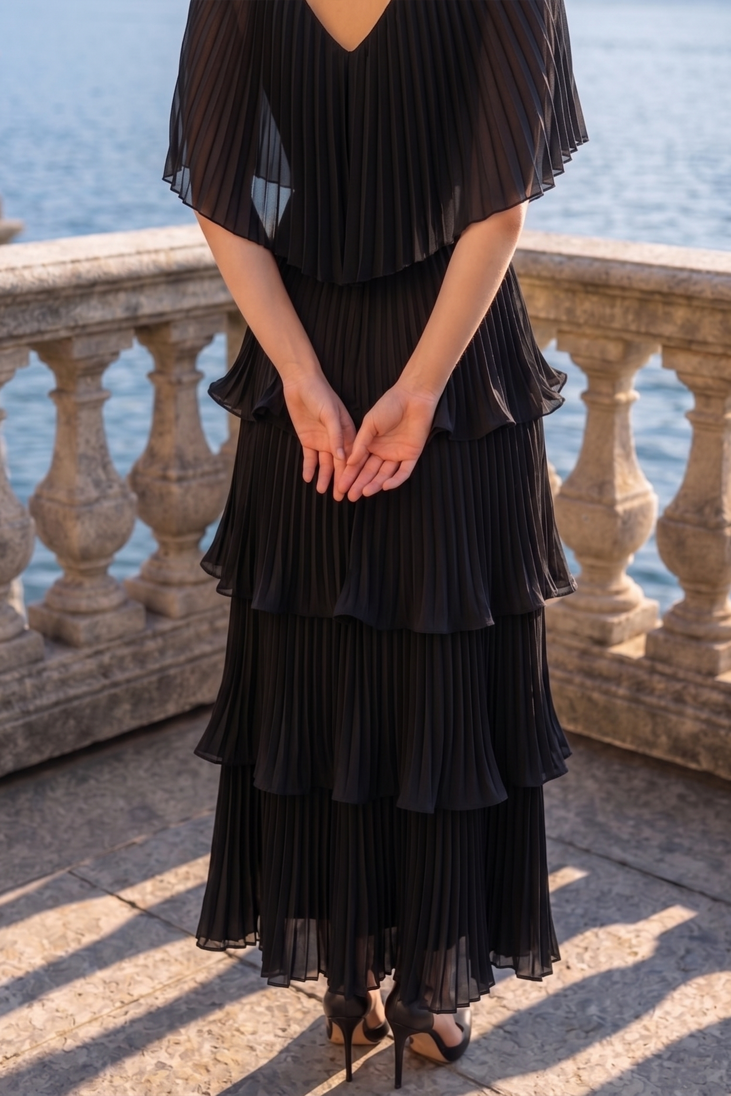 Limsa Club Astra V-Neck Pleated Evening Gown in Black — close-up detail