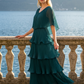 Limsa Club Astra V-Neck Pleated Evening Gown in Green — front view