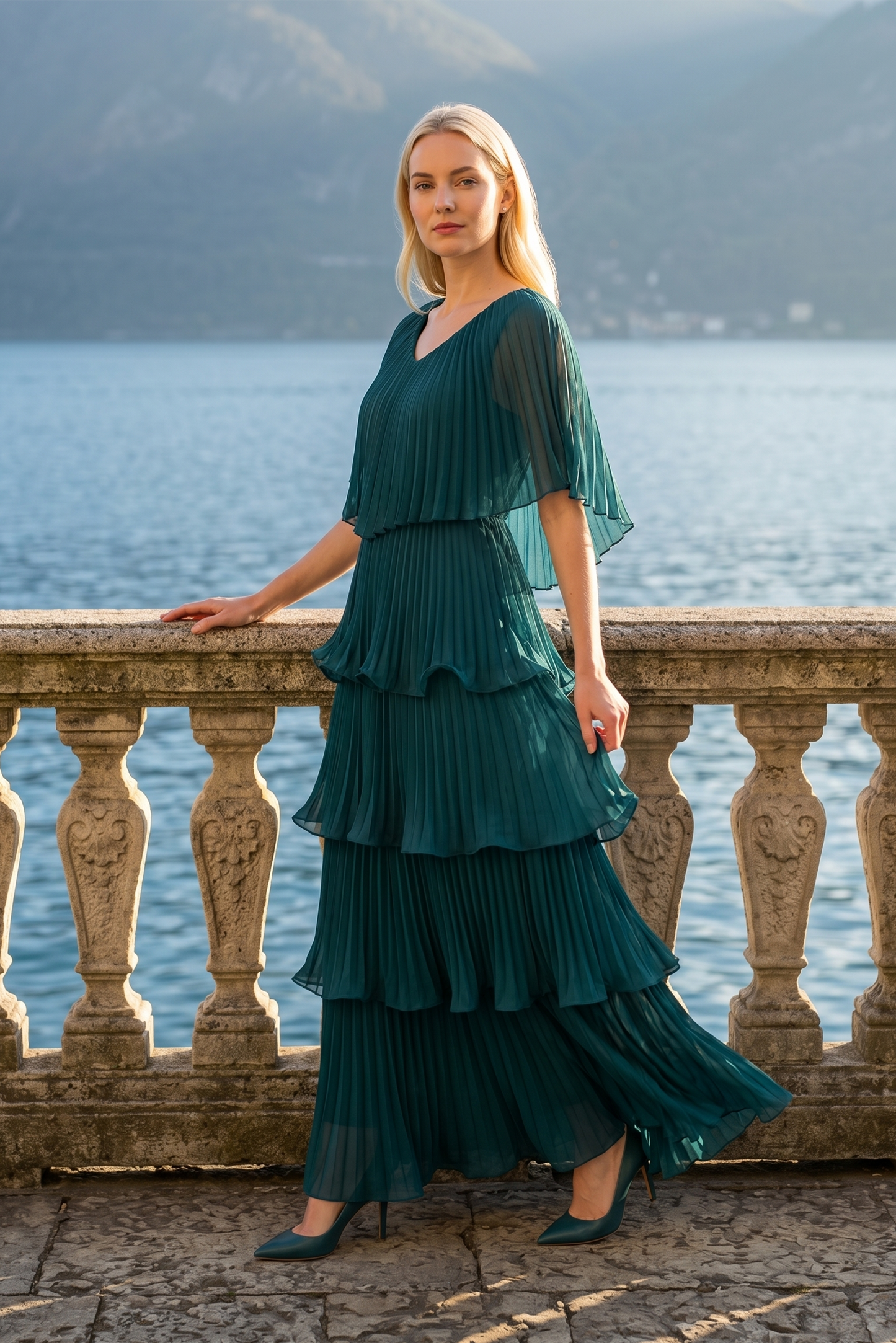 Limsa Club Astra V-Neck Pleated Evening Gown in Green — front view