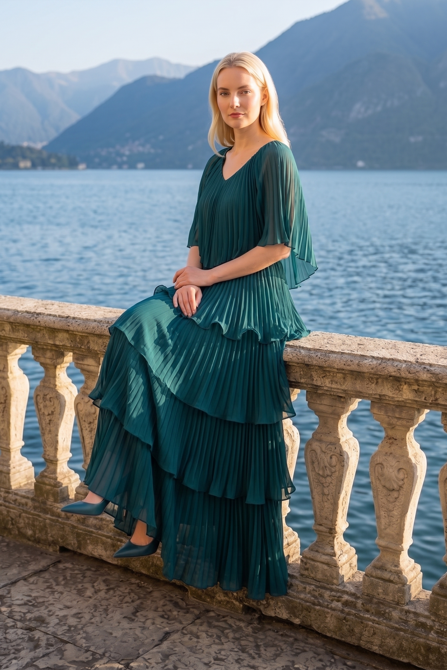 Limsa Club Astra V-Neck Pleated Evening Gown in Green — side view