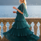 Limsa Club Astra V-Neck Pleated Evening Gown in Green — back view
