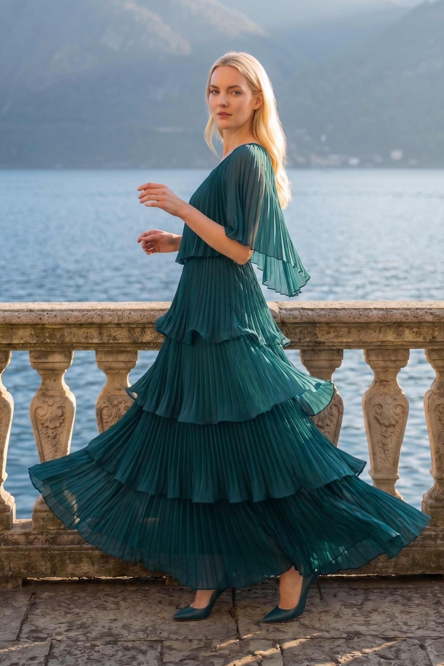 Limsa Club Astra V-Neck Pleated Evening Gown in Green — back view