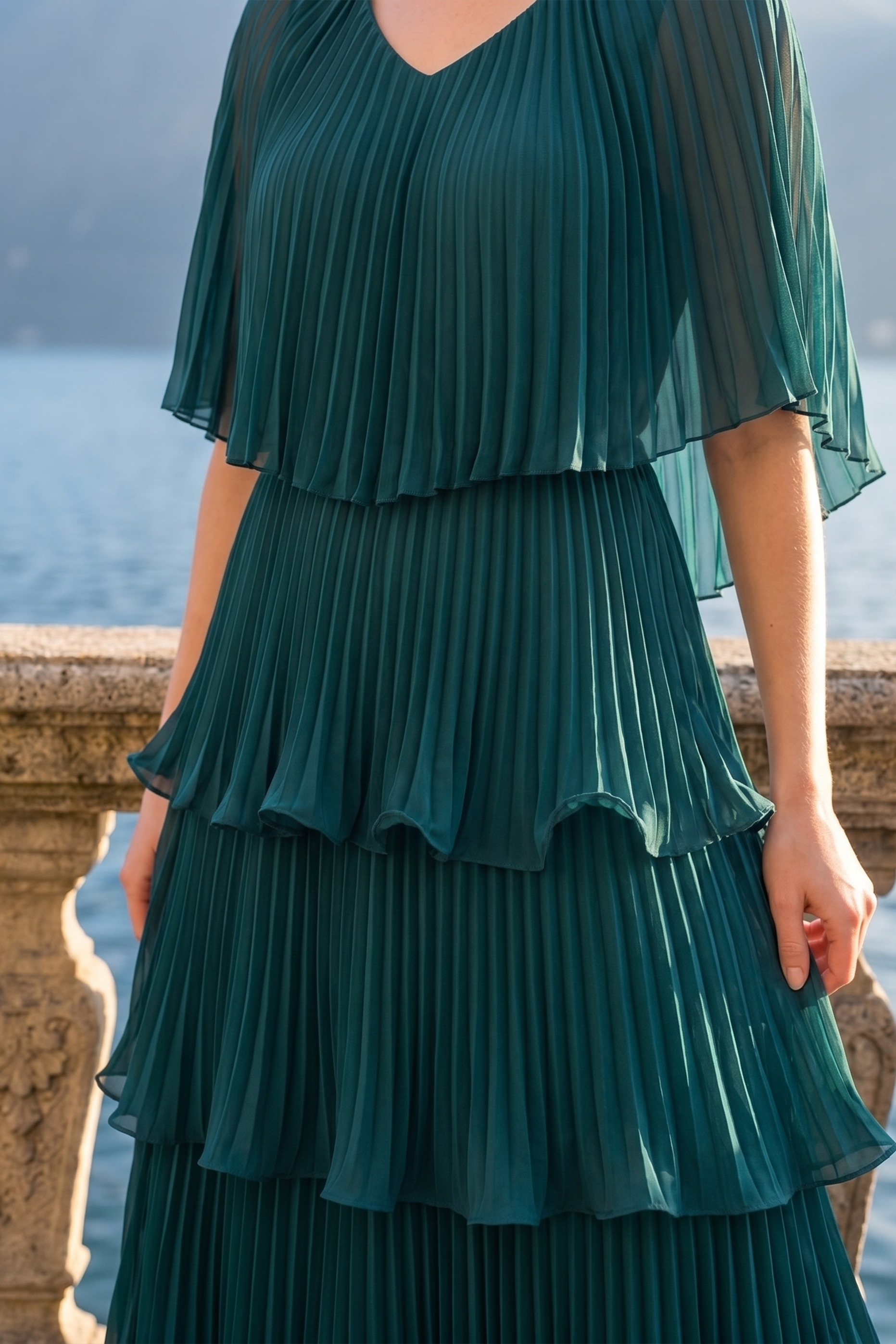 Limsa Club Astra V-Neck Pleated Evening Gown in Green — full-length view