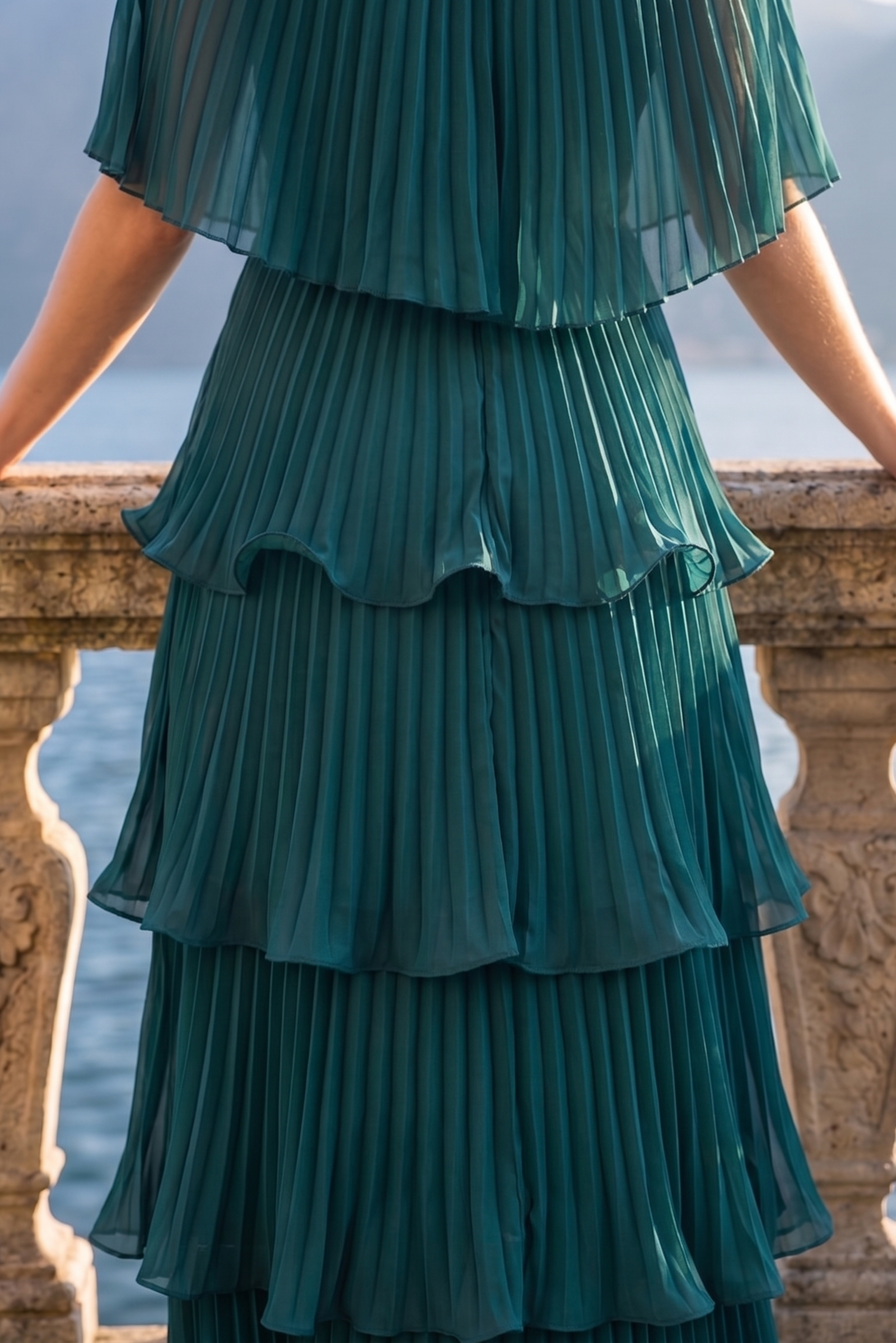 Limsa Club Astra V-Neck Pleated Evening Gown in Green — close-up detail