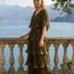 Limsa Club Astra V-Neck Pleated Evening Gown in Khaki — front view