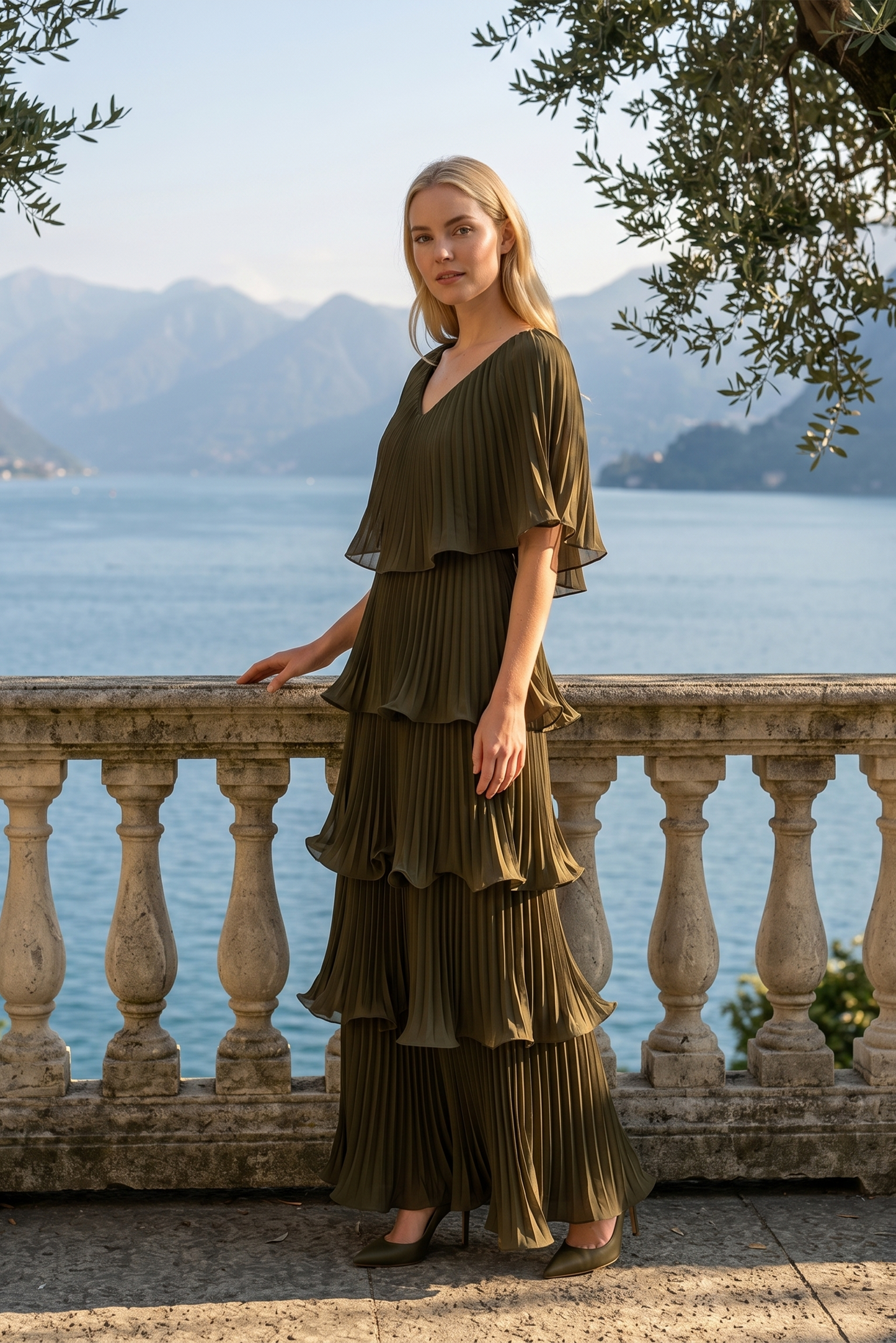 Limsa Club Astra V-Neck Pleated Evening Gown in Khaki — front view
