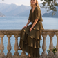 Limsa Club Astra V-Neck Pleated Evening Gown in Khaki — side view