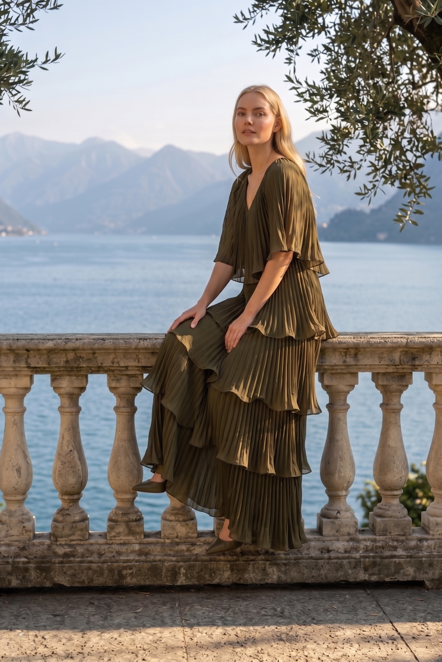 Limsa Club Astra V-Neck Pleated Evening Gown in Khaki — side view
