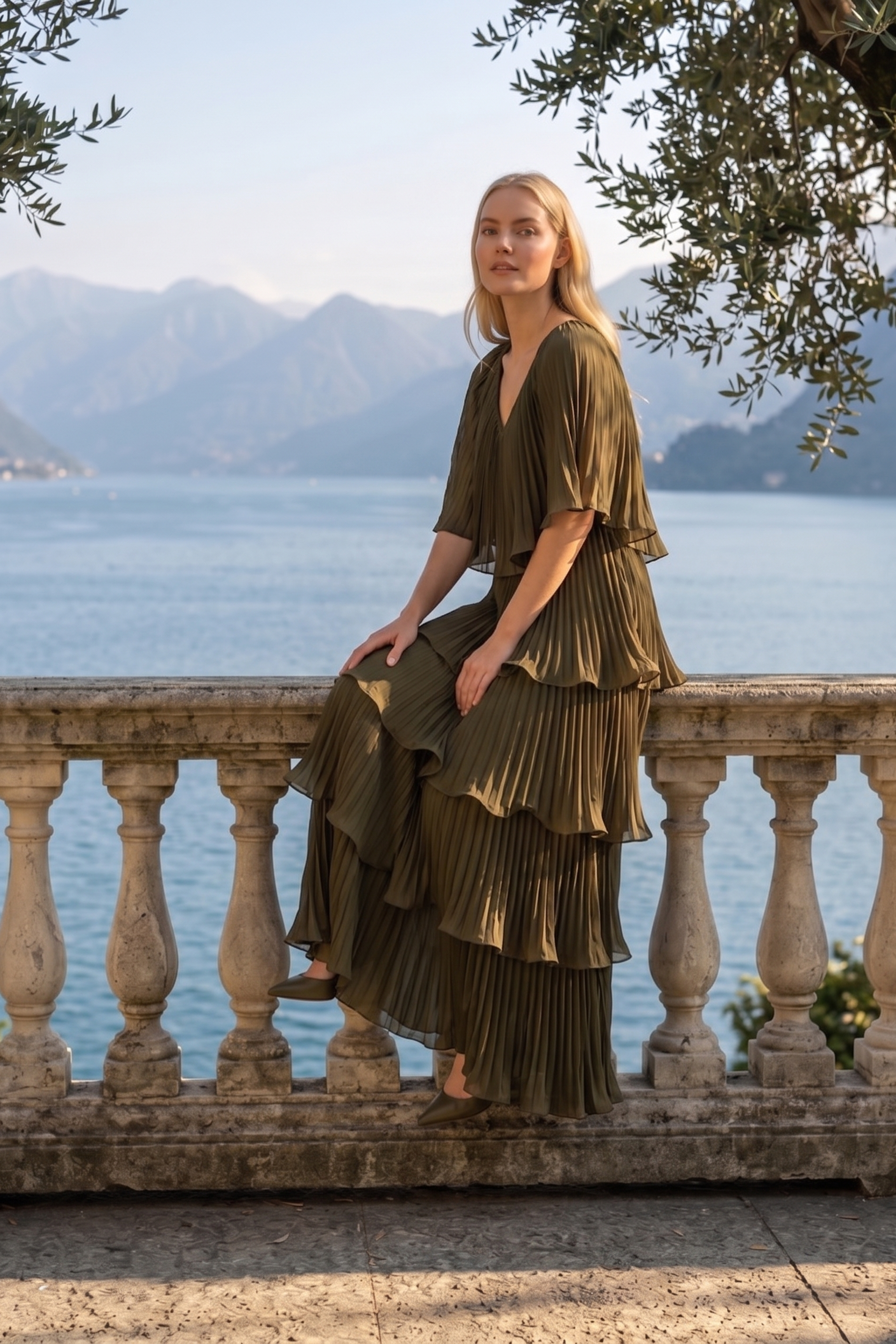 Limsa Club Astra V-Neck Pleated Evening Gown in Khaki — side view