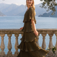 Limsa Club Astra V-Neck Pleated Evening Gown in Khaki — back view