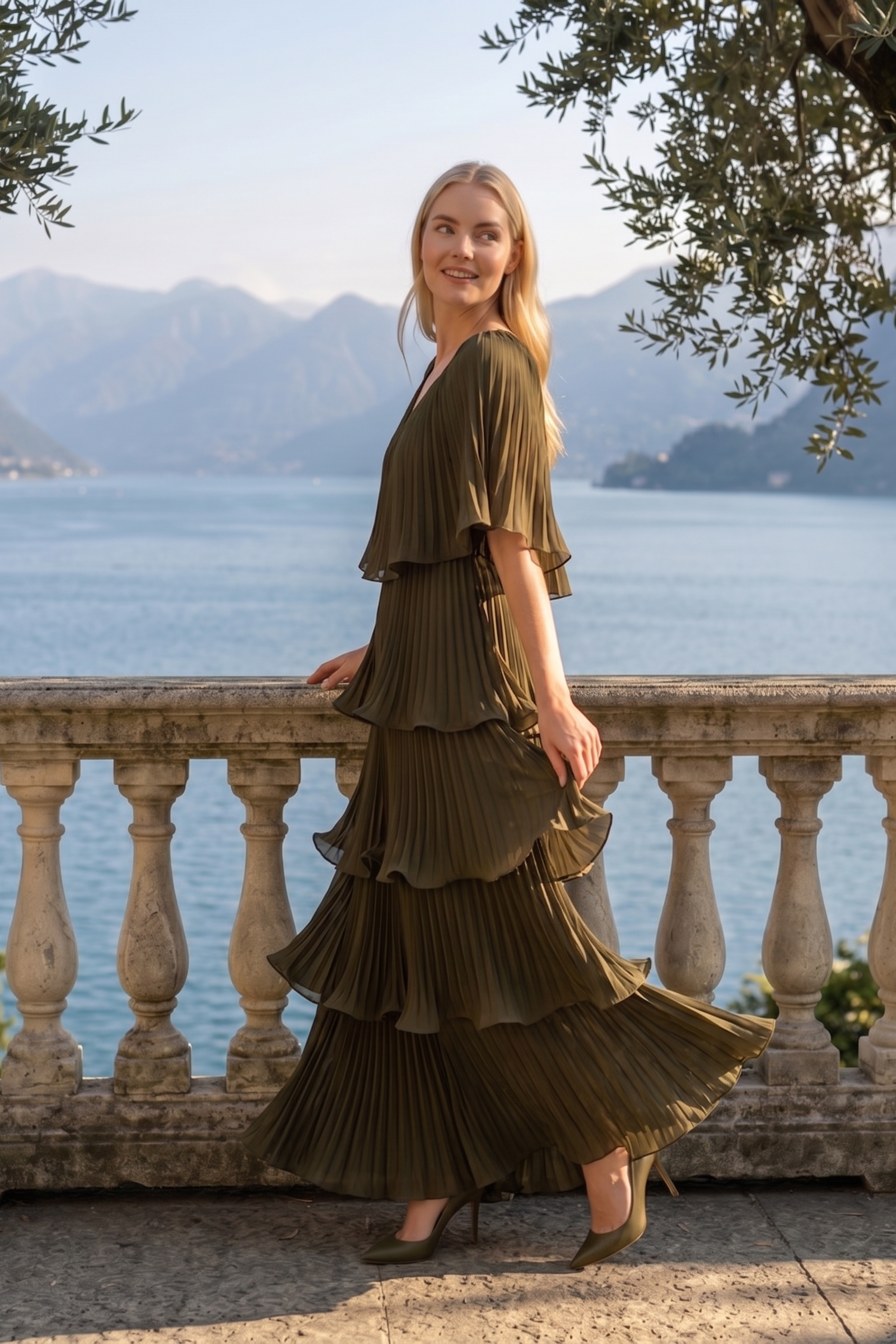 Limsa Club Astra V-Neck Pleated Evening Gown in Khaki — back view