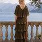 Limsa Club Astra V-Neck Pleated Evening Gown in Khaki — detail view