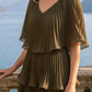 Limsa Club Astra V-Neck Pleated Evening Gown in Khaki — full-length view