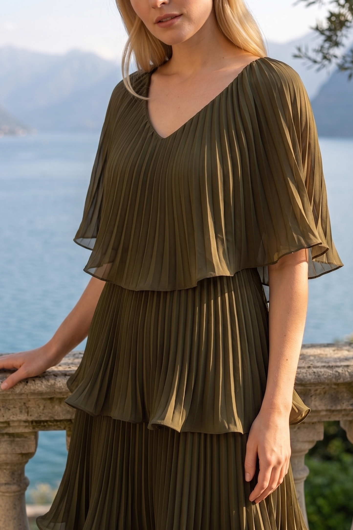Limsa Club Astra V-Neck Pleated Evening Gown in Khaki — full-length view