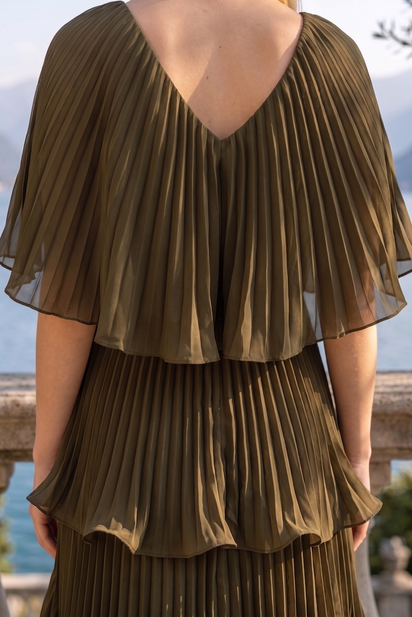 Limsa Club Astra V-Neck Pleated Evening Gown in Khaki — close-up detail