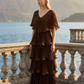 Limsa Club Astra V-Neck Pleated Evening Gown in Brown — front view